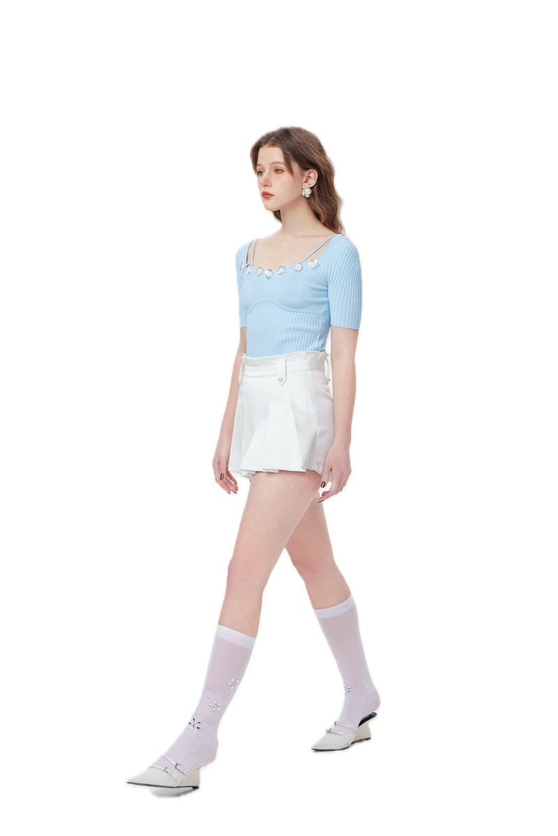 Floral Backless Short Sleeve Knit Sweater Blue