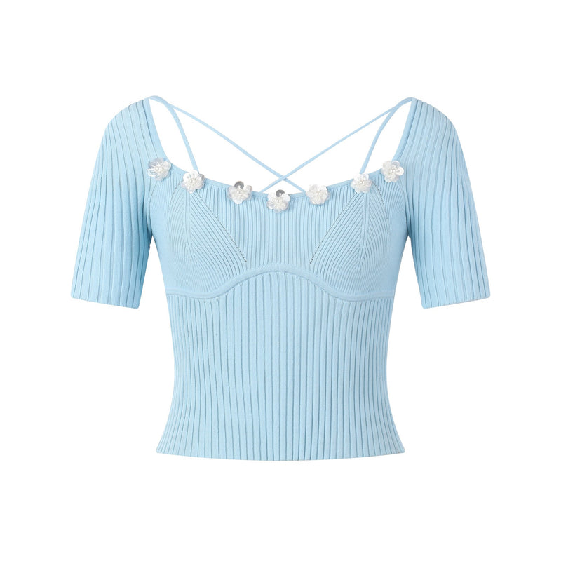 Floral Backless Short Sleeve Knit Sweater Blue