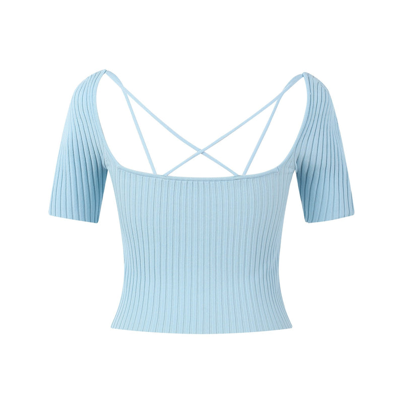 Floral Backless Short Sleeve Knit Sweater Blue