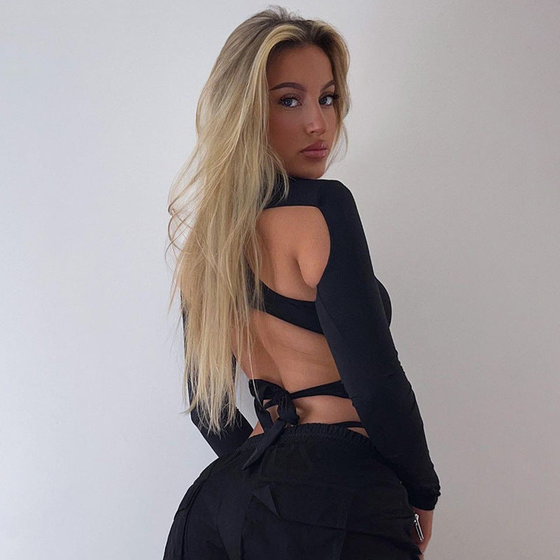 Criss Cross Cutout Backless Lace up Tight-Fitting Solid Color Turtleneck Long Sleeve Bodysuits