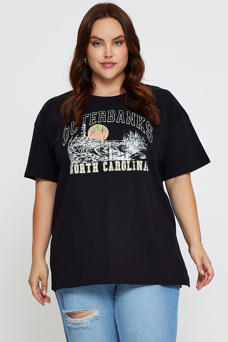 Black Graphic T-shirt North Carolina Short Sleeve Cotton