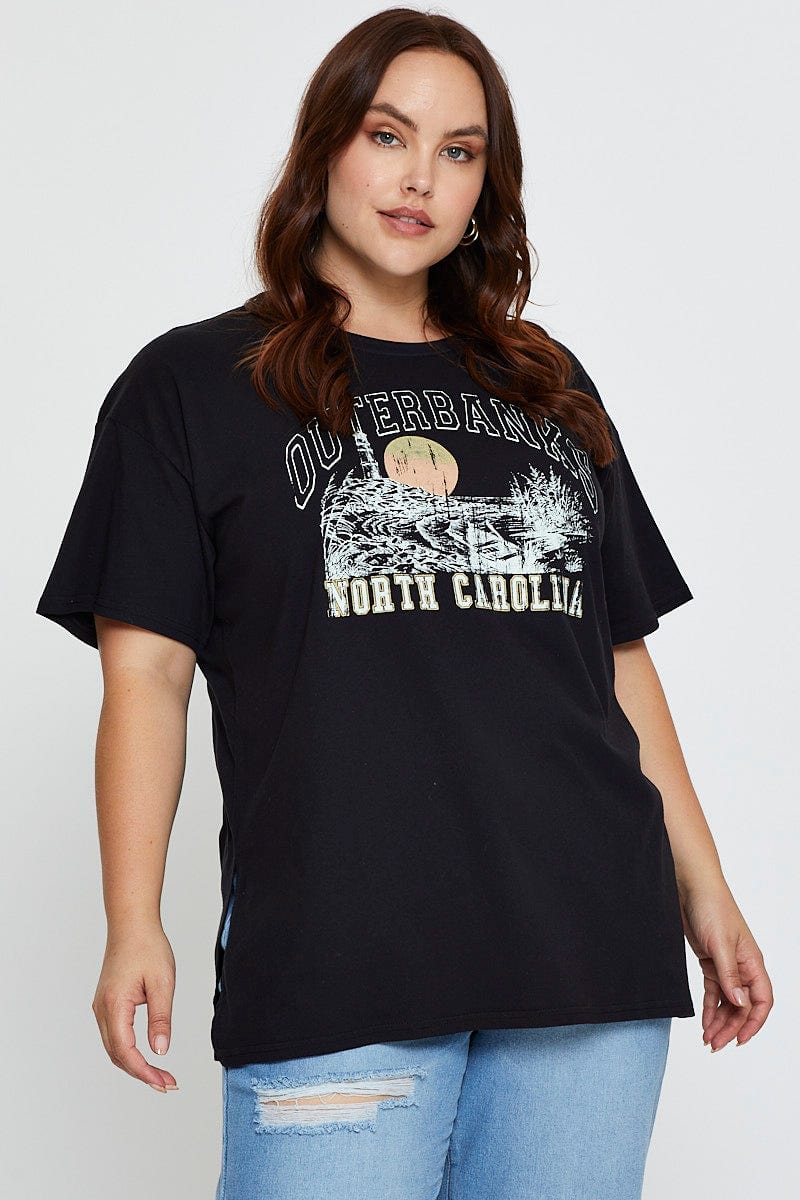 Black Graphic T-shirt North Carolina Short Sleeve Cotton