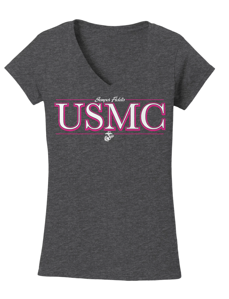 Flash USMC Ladies V-Neck Tee-Graphite Heather