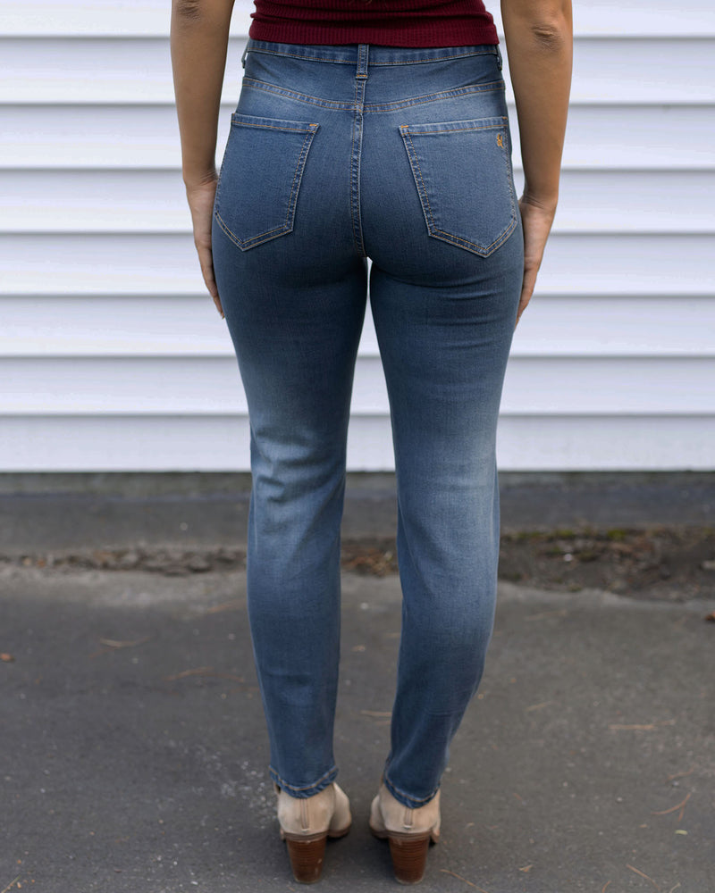 Button Fly Repurposed Slim Straight Leg Denim