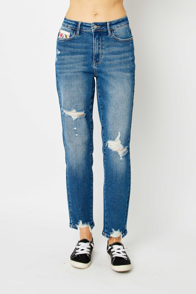 Judy Blue High Waist Queen of Hearts Coin Pocket Boyfriend Denim Jeans 88569