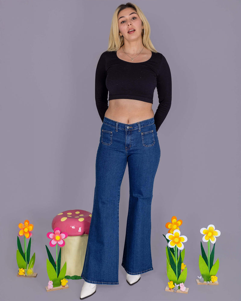 Stonewash Blue Stretch Denim Bell Bottom 90's Wide Leg Hippy Flares