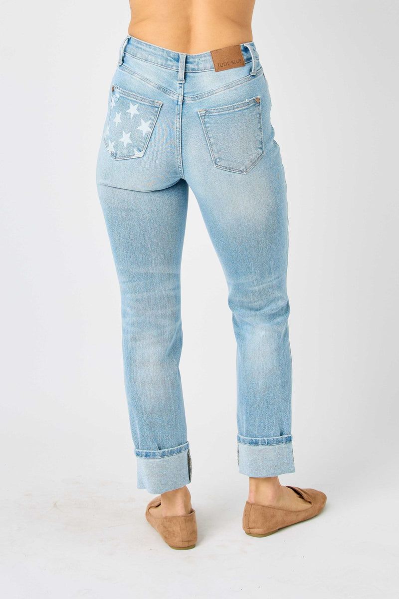 Judy Blue Mid Rise Flag Cuff Boyfriend Denim Jeans 88723