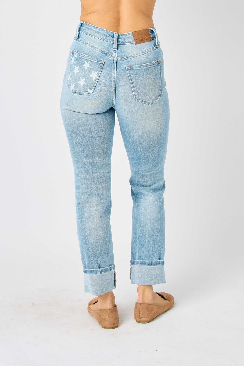 Judy Blue Mid Rise Flag Cuff Boyfriend Denim Jeans 88723