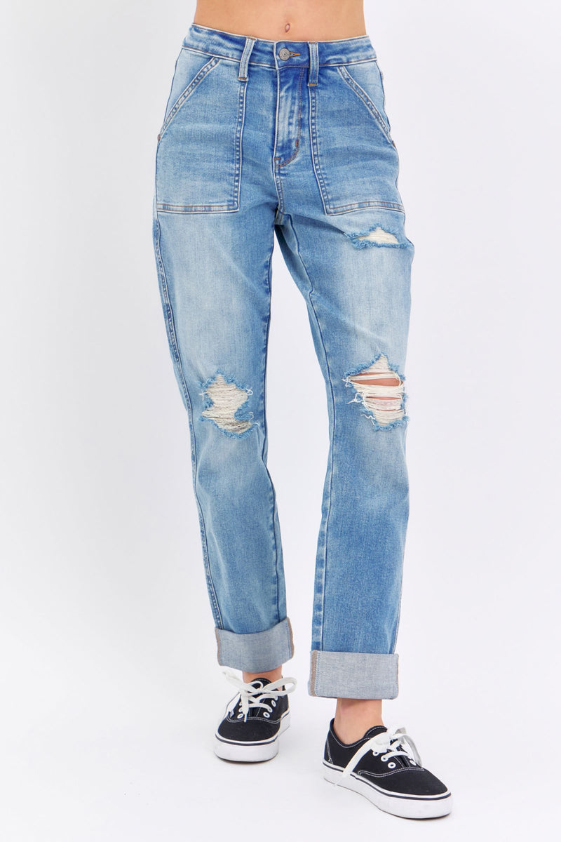 Judy Blue High Waist Patch Pocket & Destroy Boyfriend Denim Jeans 88825