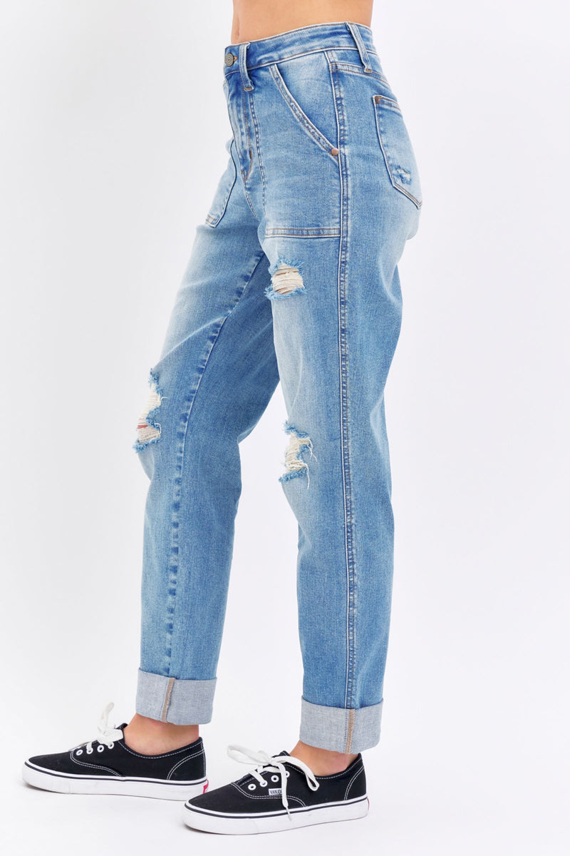 Judy Blue High Waist Patch Pocket & Destroy Boyfriend Denim Jeans 88825