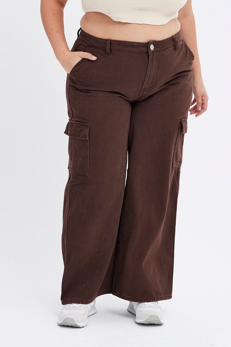 Brown Cargo Denim Jeans Mid Rise