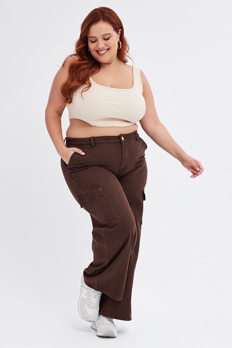 Brown Cargo Denim Jeans Mid Rise