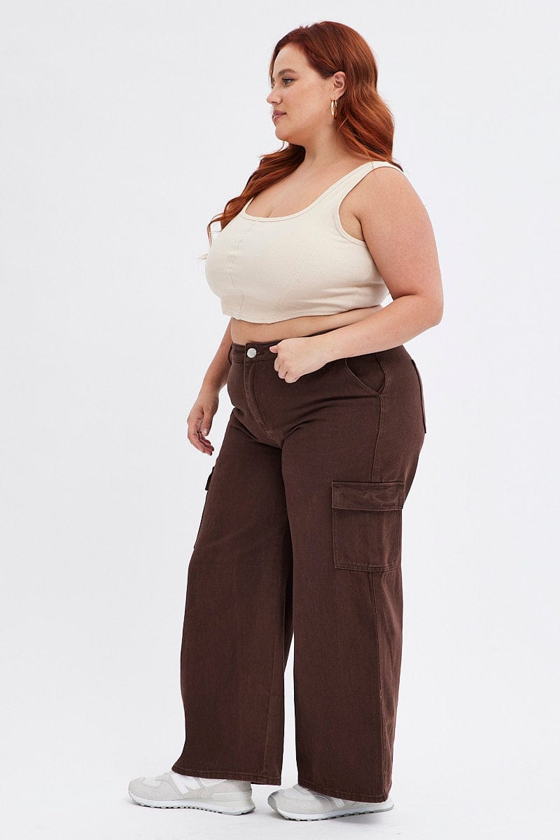 Brown Cargo Denim Jeans Mid Rise