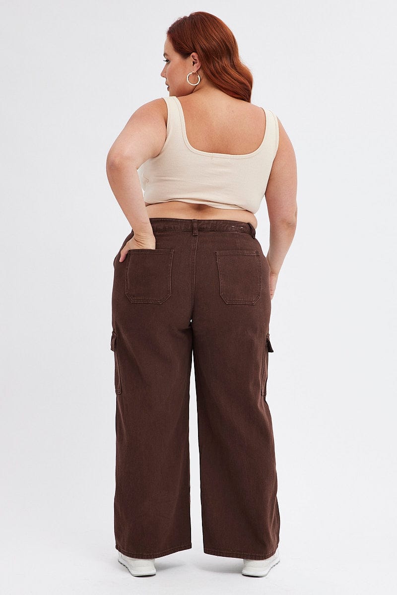 Brown Cargo Denim Jeans Mid Rise