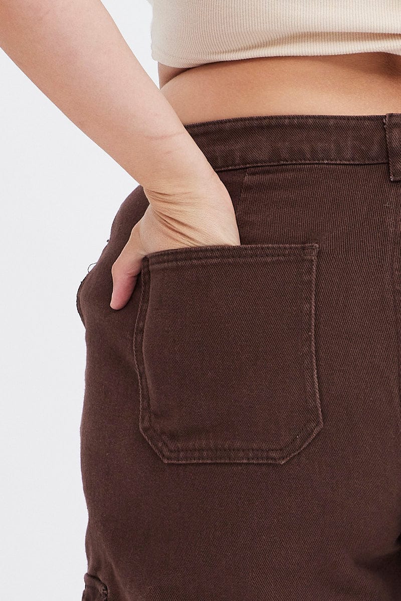 Brown Cargo Denim Jeans Mid Rise