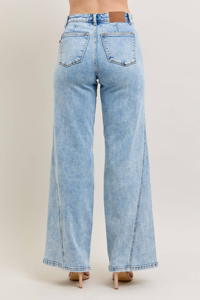 Judy Blue High Waist Stone Wash Retro Skewed Hem Wide Leg Denim Jeans 82654
