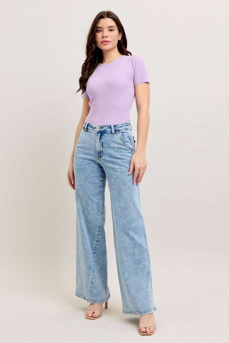 Judy Blue High Waist Stone Wash Retro Skewed Hem Wide Leg Denim Jeans 82654