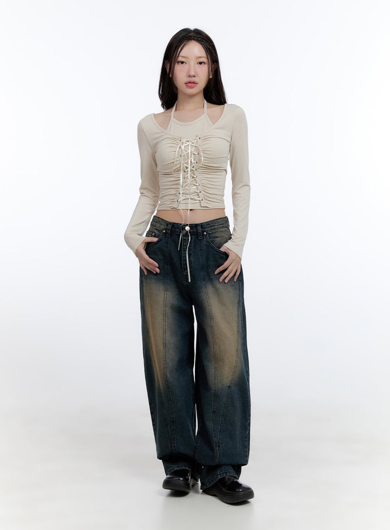 Cari Stitched Washed Denim Baggy Jeans CG413