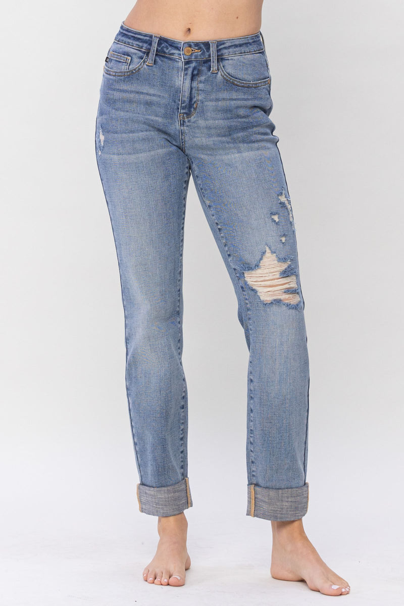 Judy Blue Mid Rise Knee Destroyed Cuffed Long Boyfriend Denim Jeans 88605