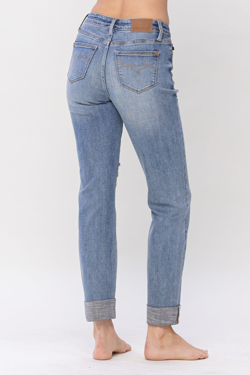 Judy Blue Mid Rise Knee Destroyed Cuffed Long Boyfriend Denim Jeans 88605