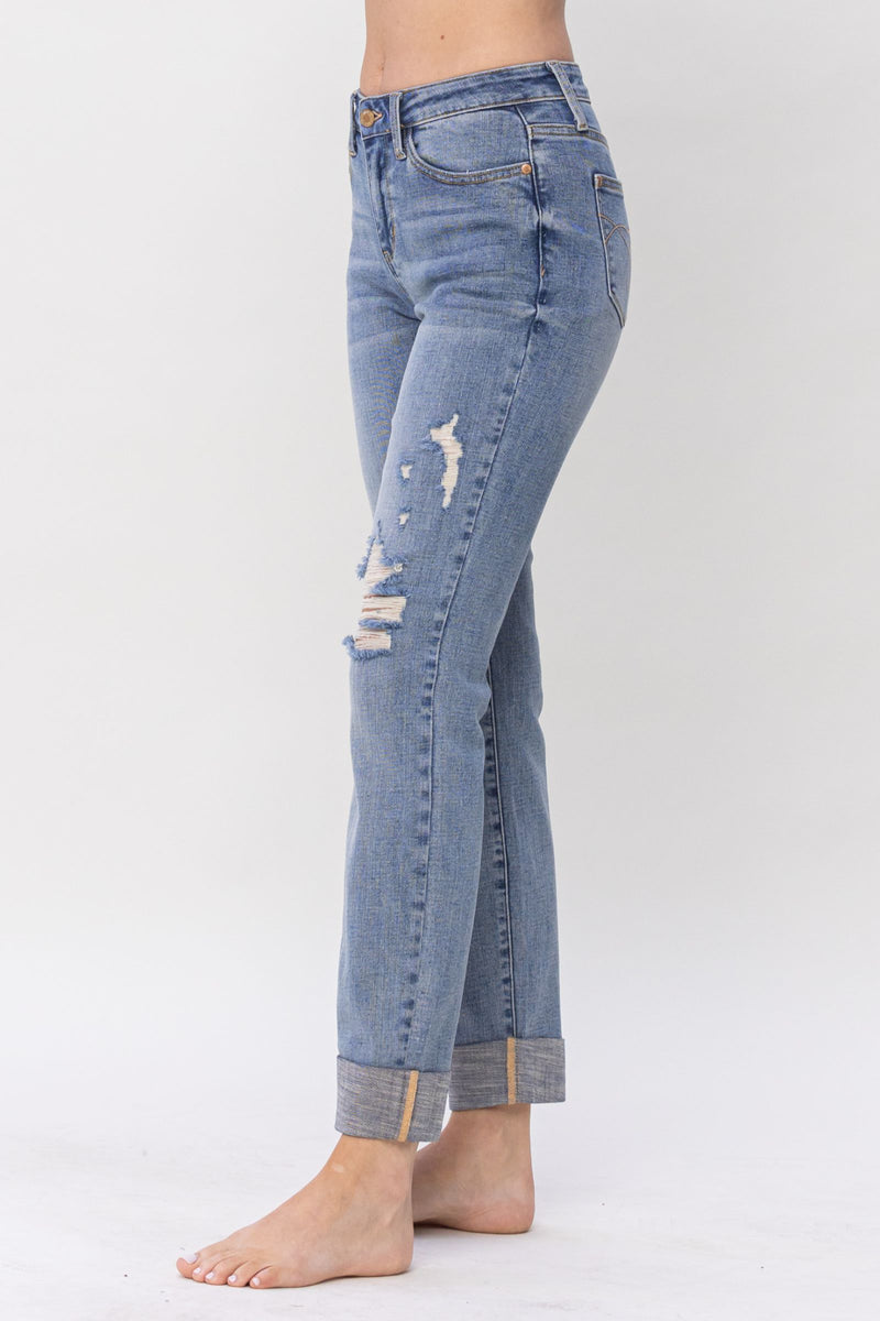 Judy Blue Mid Rise Knee Destroyed Cuffed Long Boyfriend Denim Jeans 88605