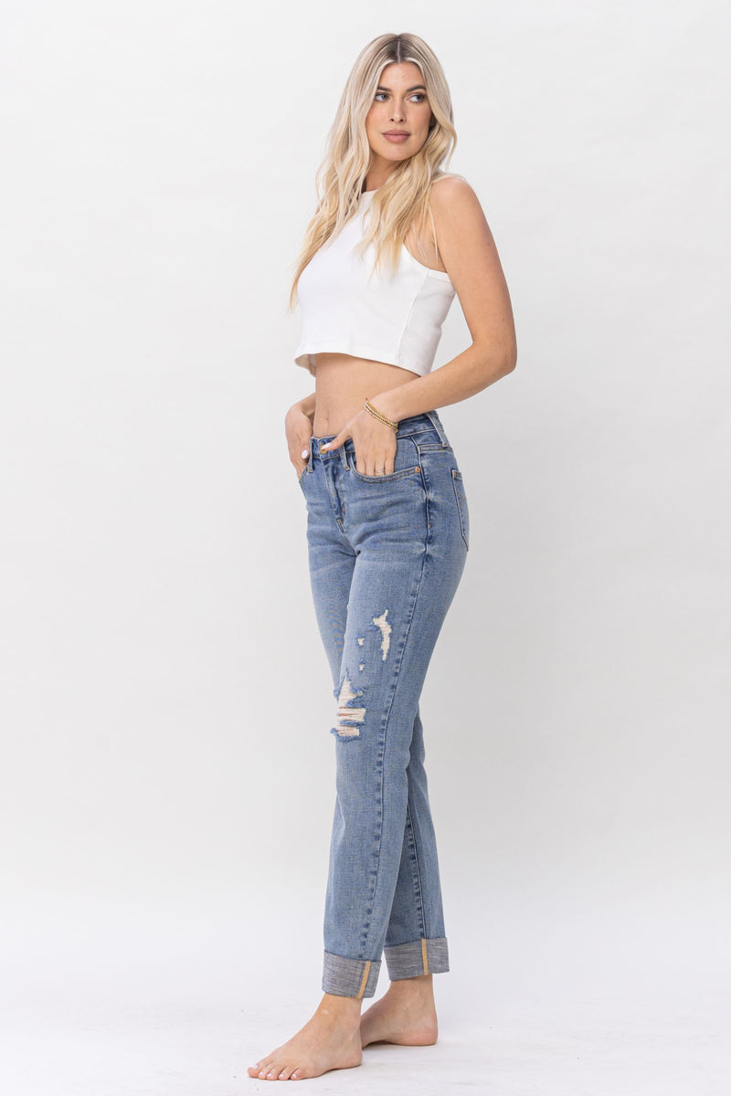Judy Blue Mid Rise Knee Destroyed Cuffed Long Boyfriend Denim Jeans 88605