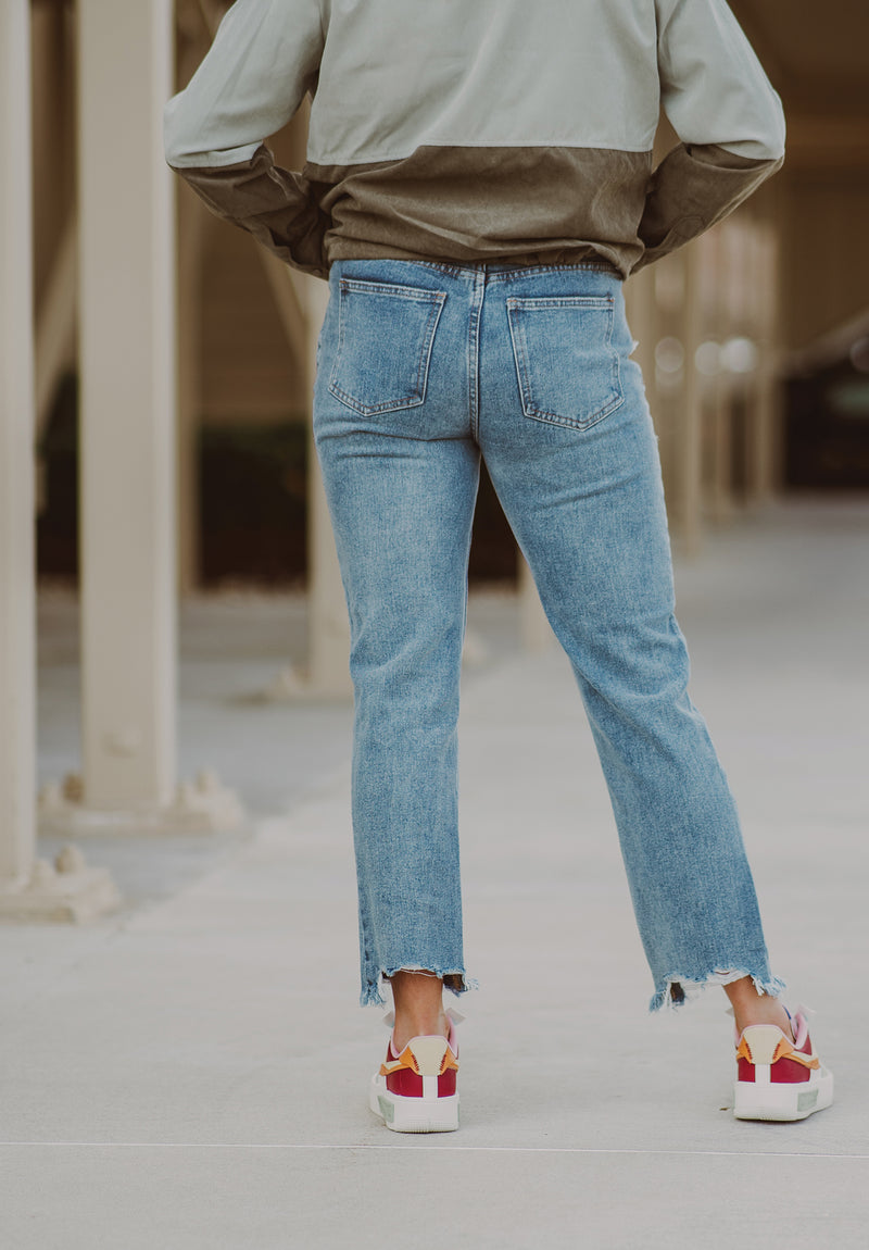 Mid-Rise Distressed Straight Leg Denim