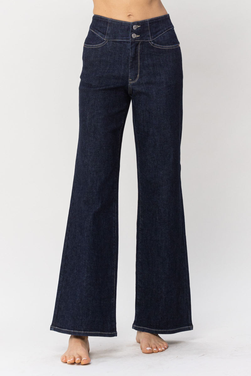 Judy Blue High Waist Rinse Wash Geometric Waistband and Pocket Embroidery Wide Leg Denim Jeans 88579