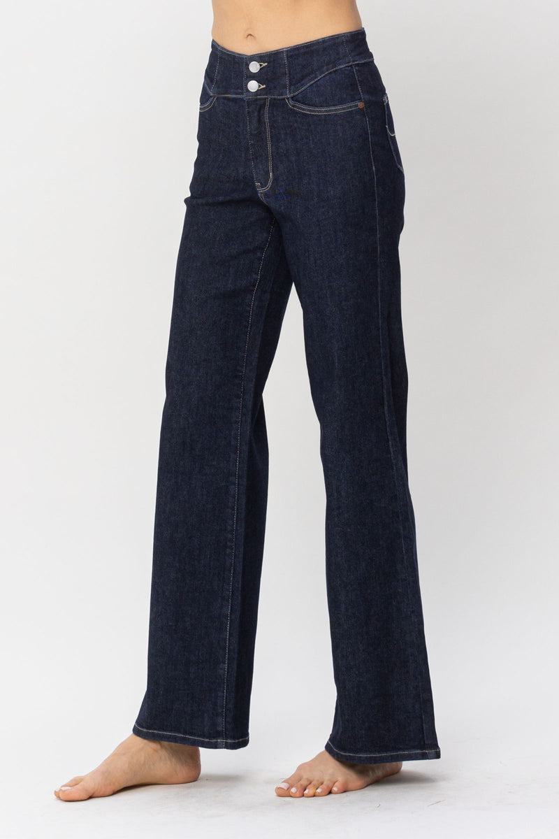 Judy Blue High Waist Rinse Wash Geometric Waistband and Pocket Embroidery Wide Leg Denim Jeans 88579