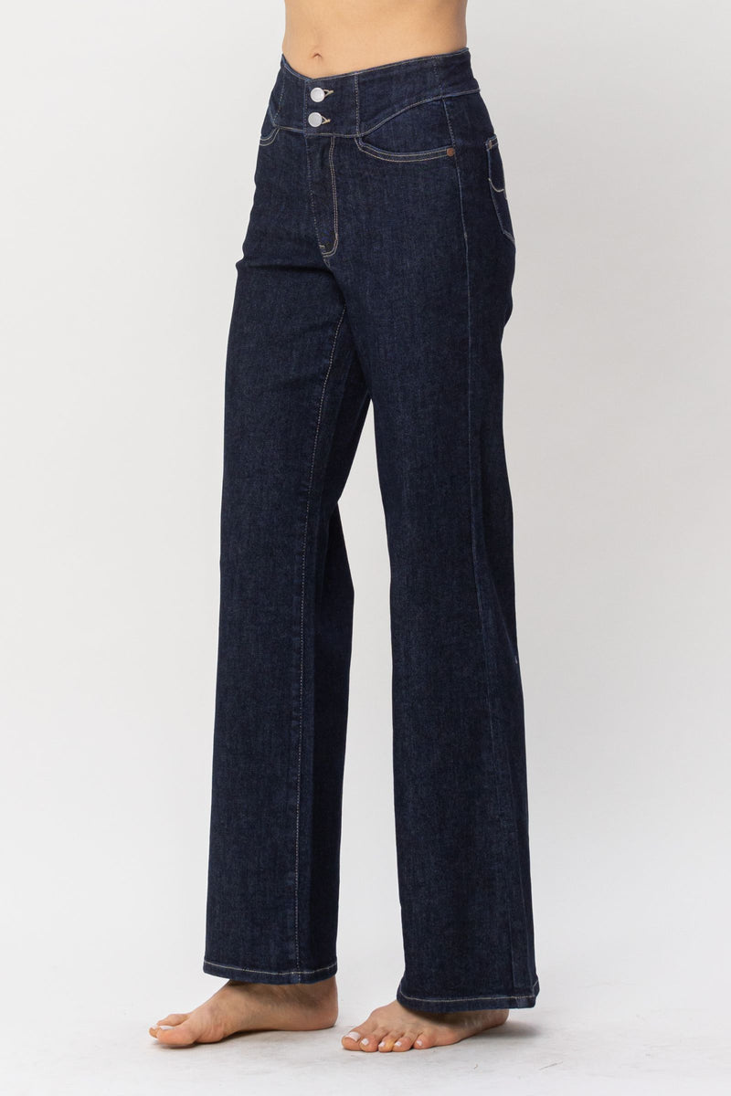 Judy Blue High Waist Rinse Wash Geometric Waistband and Pocket Embroidery Wide Leg Denim Jeans 88579