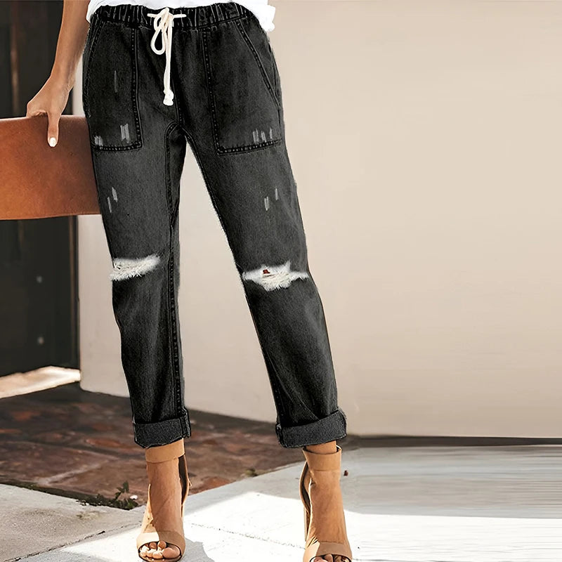 FZ Women's Streetwear Ripped Vintage Drawstring Elastic Waist Denim Pants