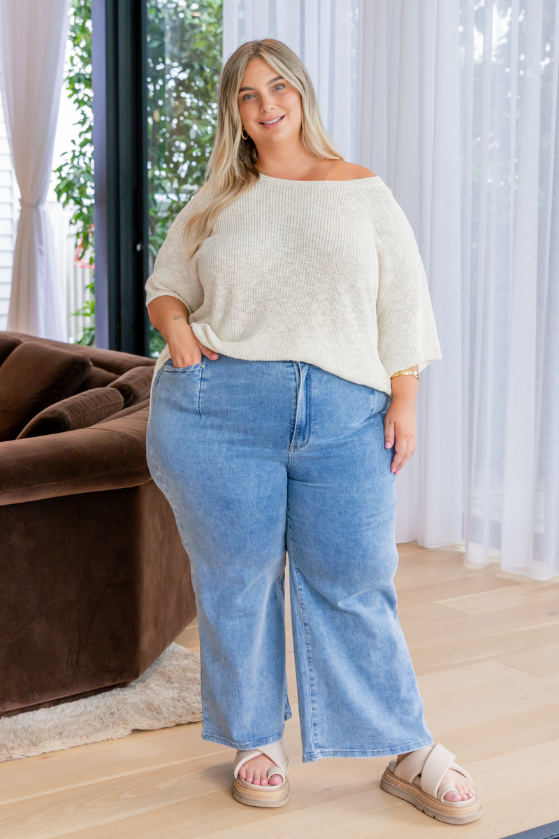 Chloe Stretch Wide Leg Crop Jeans Mid Blue Wash