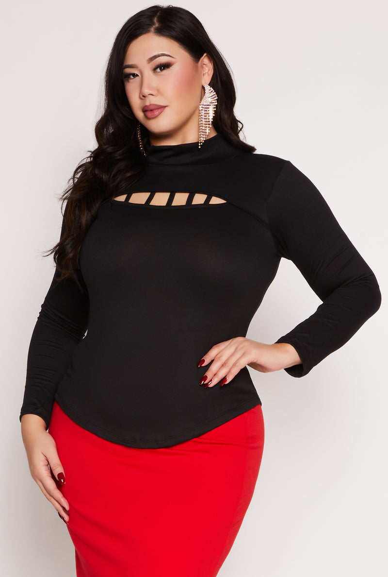 Plus Size Caged Keyhole Long Sleeve Top