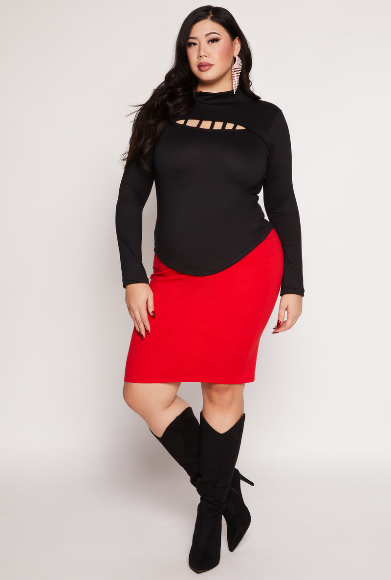 Plus Size Caged Keyhole Long Sleeve Top