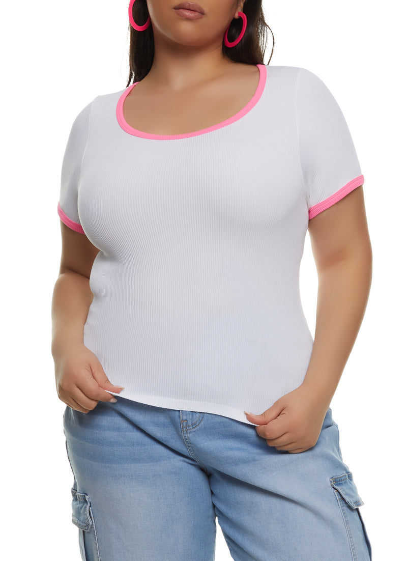 Plus Size Rib Knit Seamless Ringer Tee