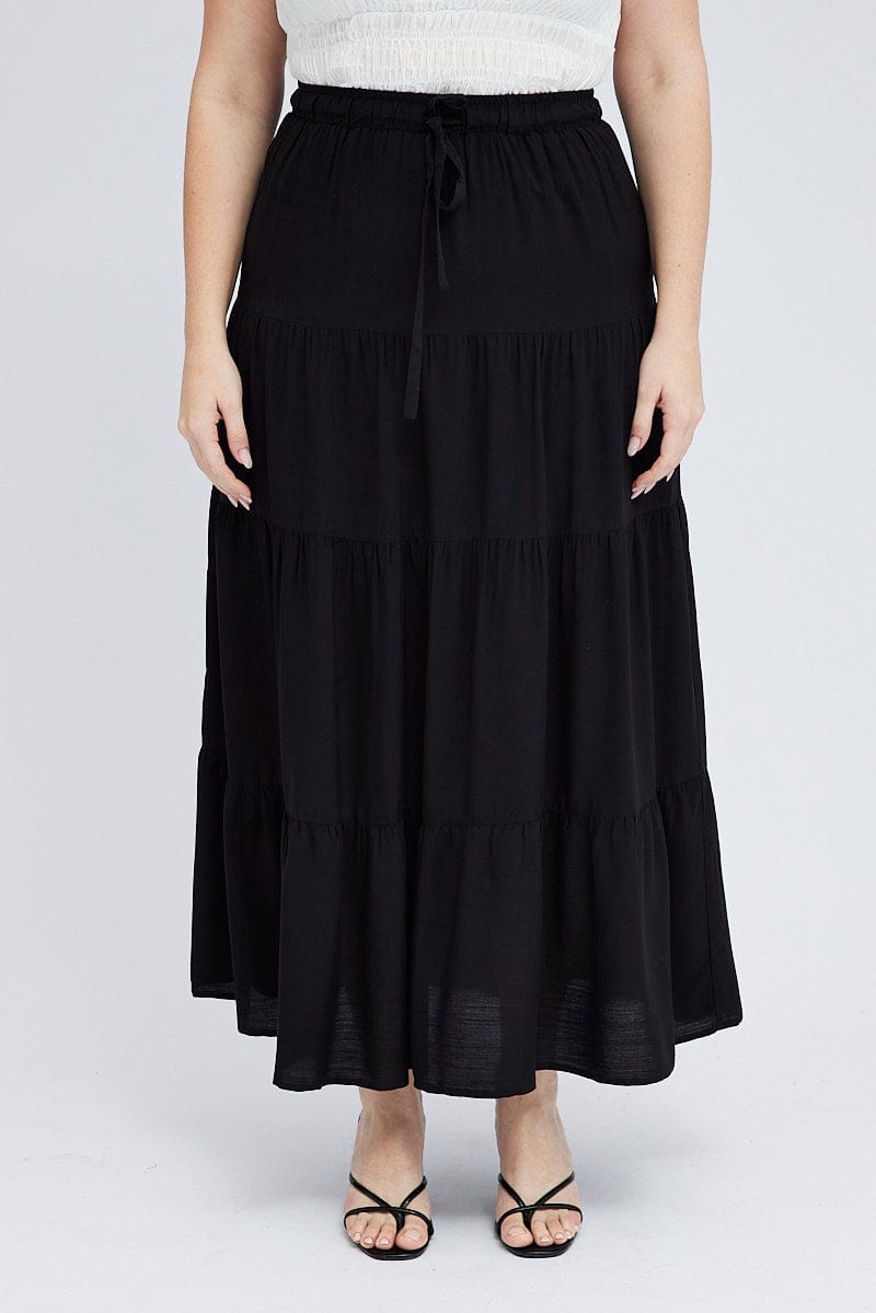Black Maxi Skirt Tie Elastic Waist Textured