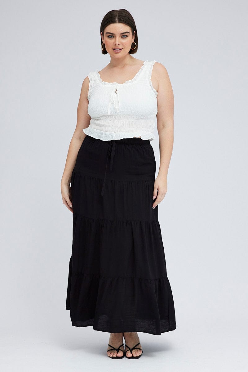 Black Maxi Skirt Tie Elastic Waist Textured