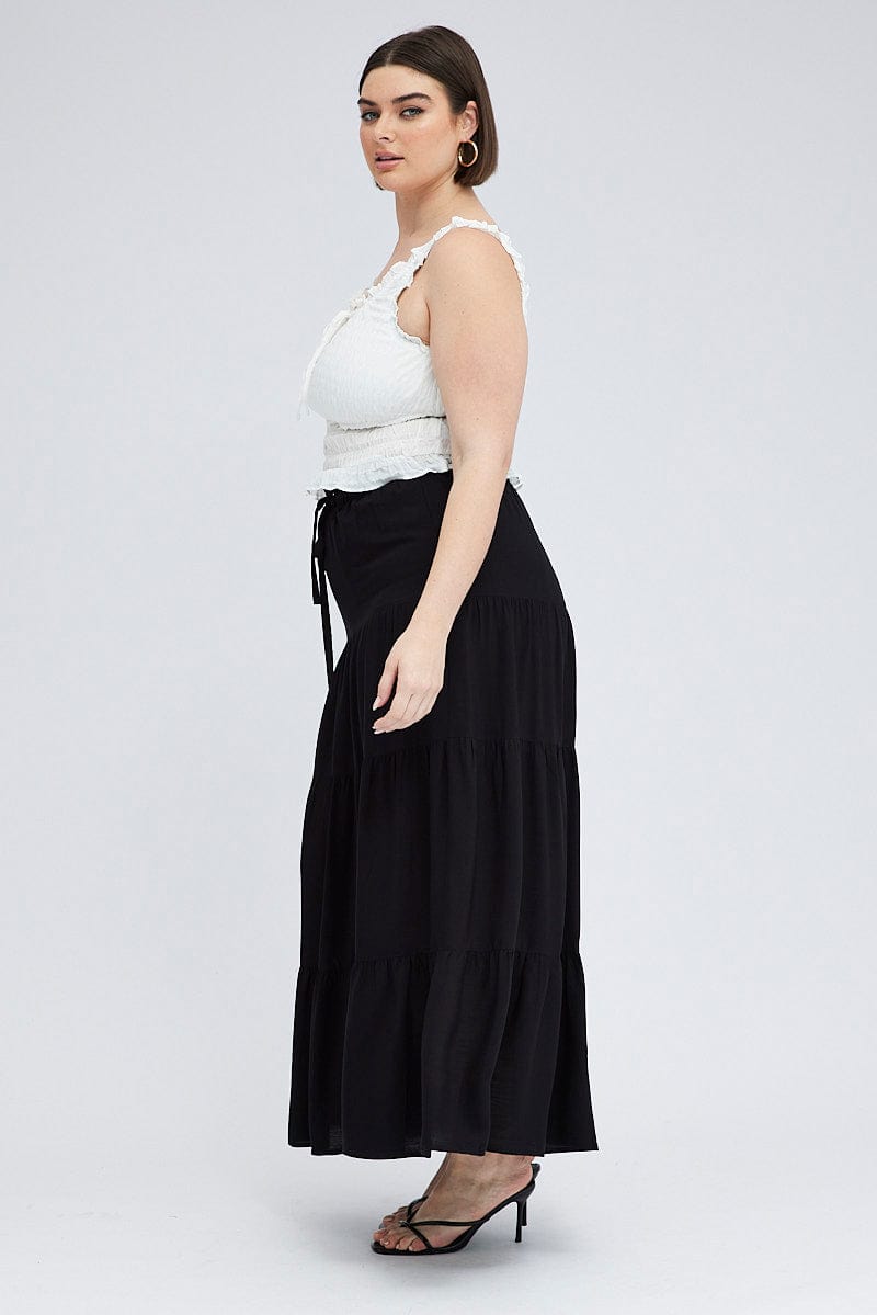 Black Maxi Skirt Tie Elastic Waist Textured