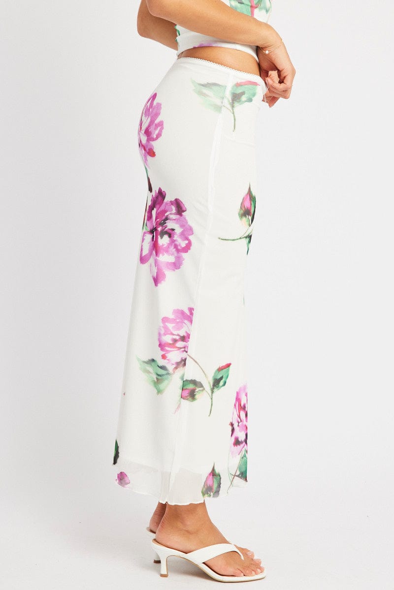 Multi Floral Mesh Skirt Elasticated Picot Trim Midaxi