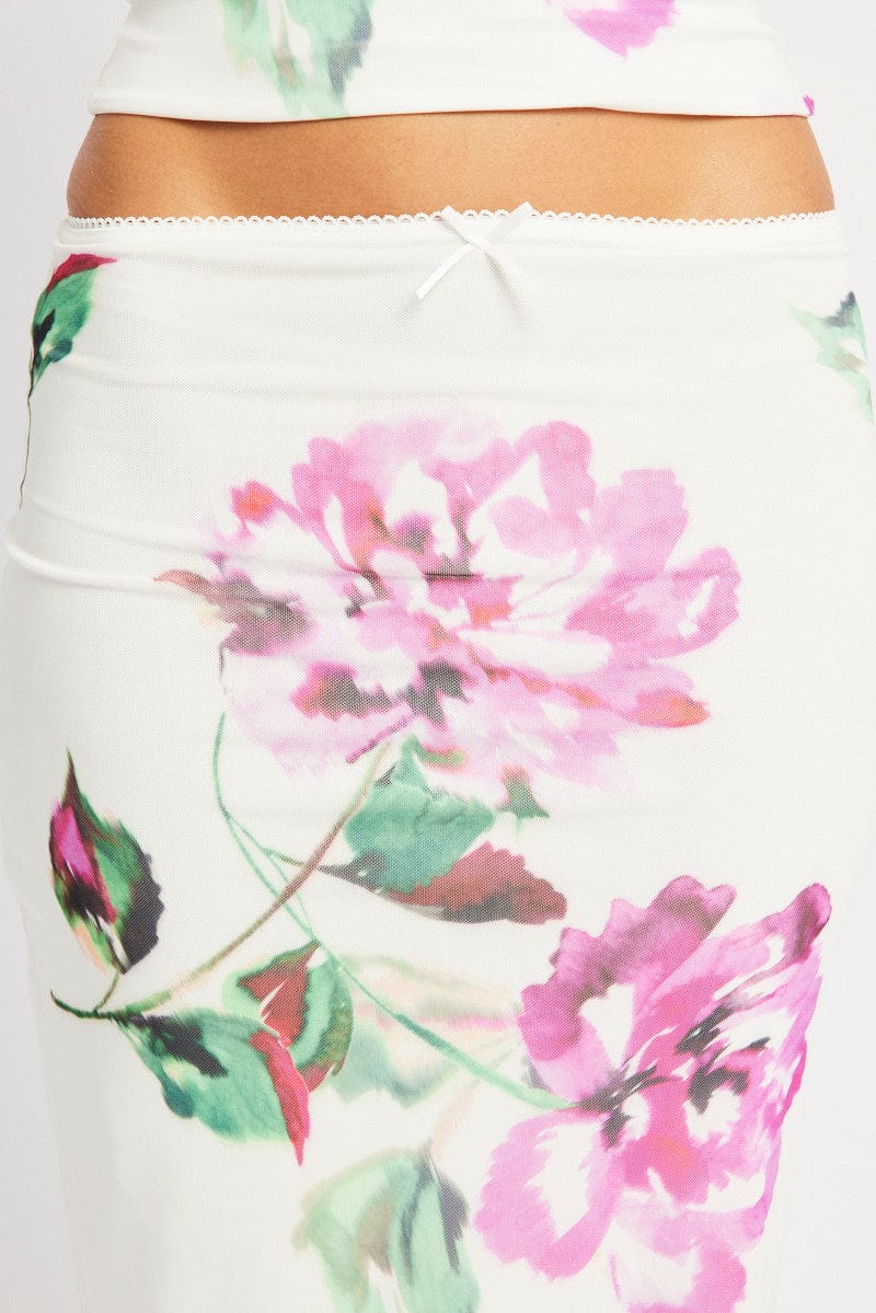 Multi Floral Mesh Skirt Elasticated Picot Trim Midaxi