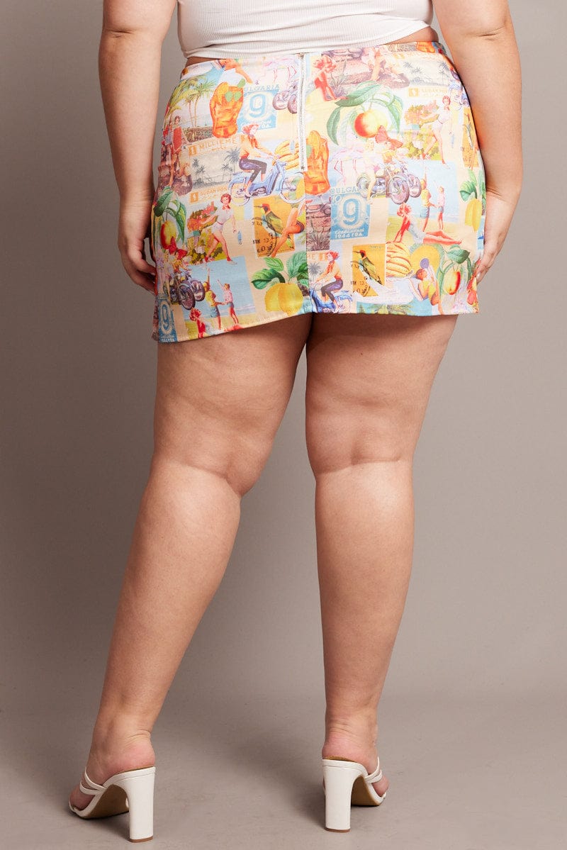 Multi Abstract Postcard Mini Skirt