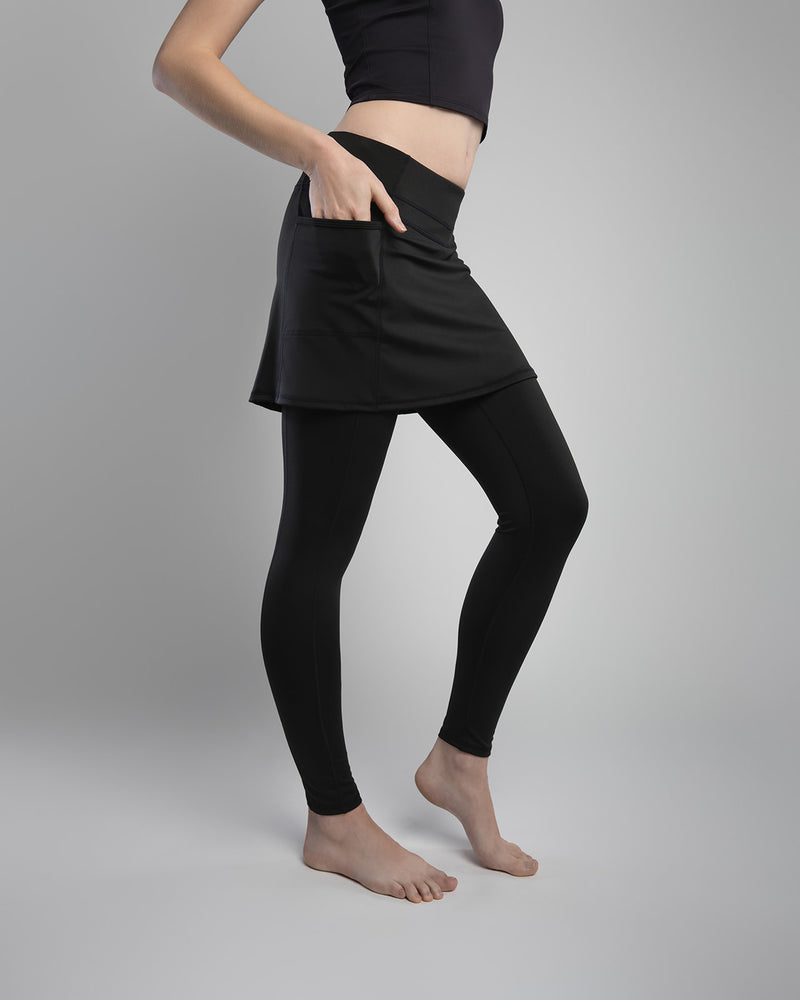 Black Ankle Length Skirted Leggings with Pockets