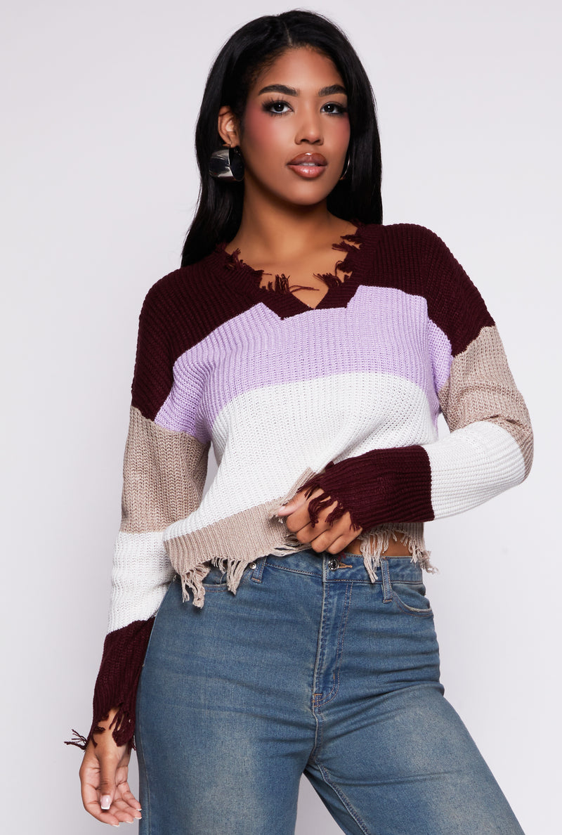 Distressed Hem Color Block Sweater
