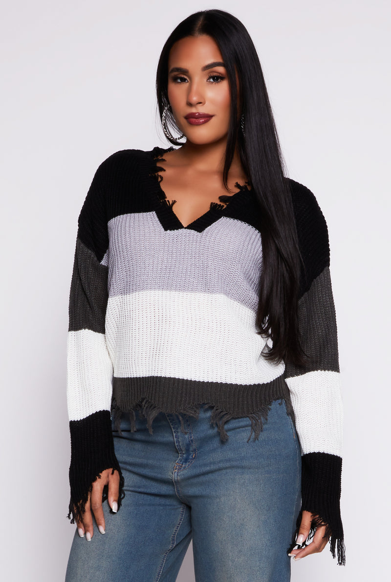 Distressed Hem Color Block Sweater