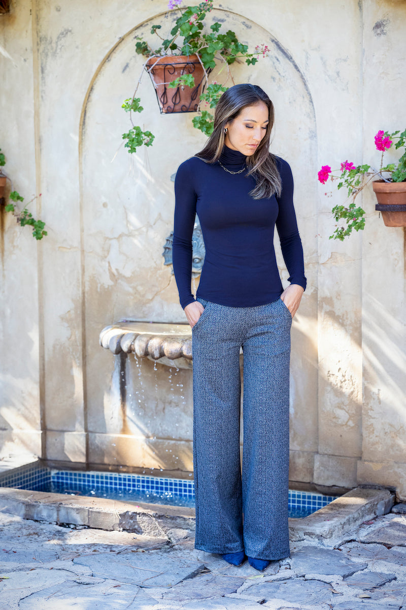 HIGH WAIST WIDE LEG PANT: HERRINGBONE