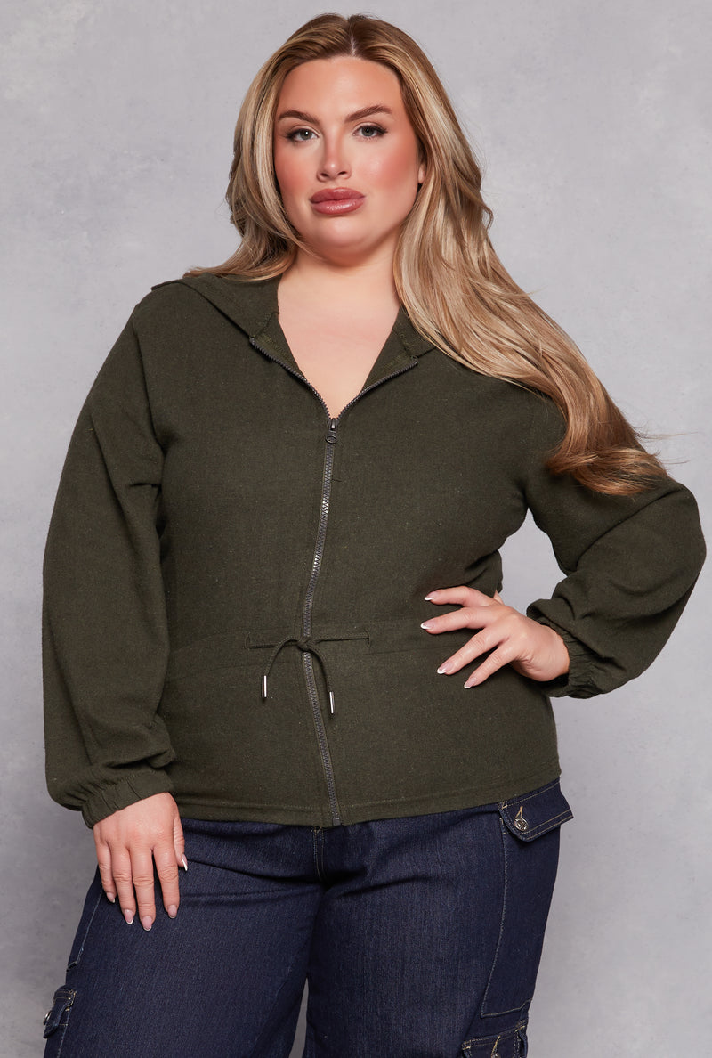 Plus Size Cinched Waist Zip Hooded Top