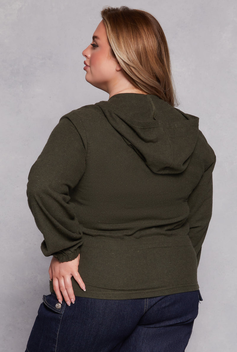 Plus Size Cinched Waist Zip Hooded Top