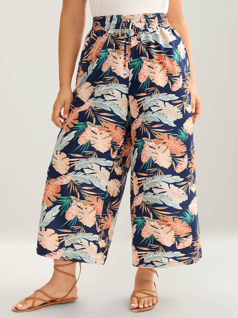 Tropical Leaf Print Wide-Leg Pants