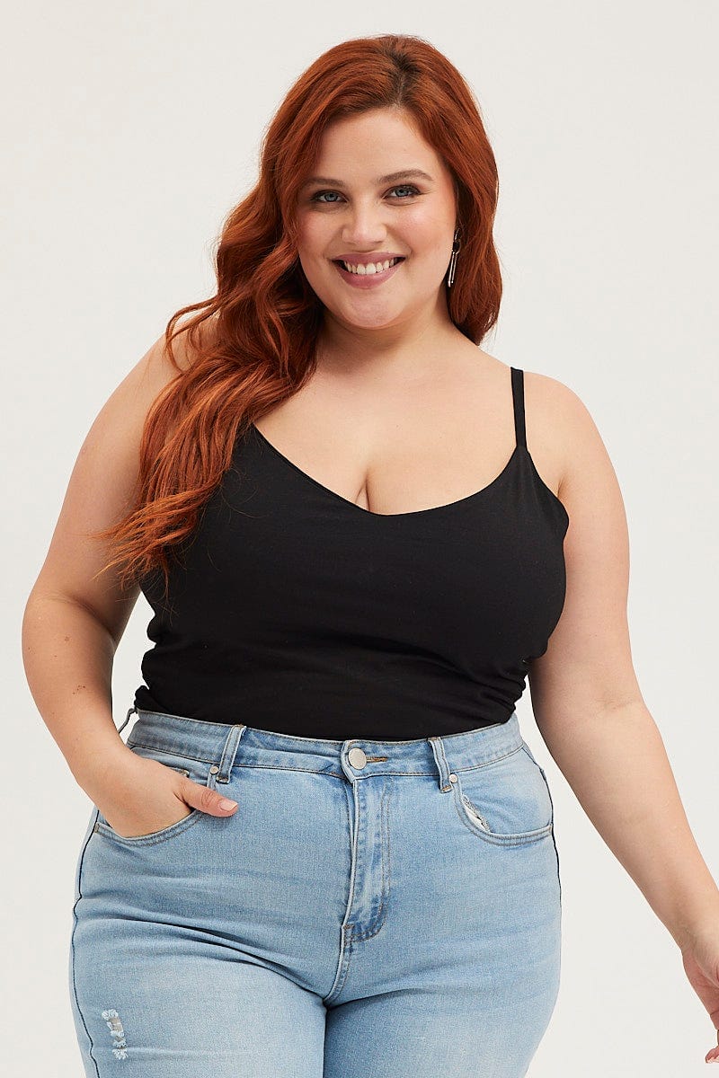 Black Singlet Top V-neck Cotton