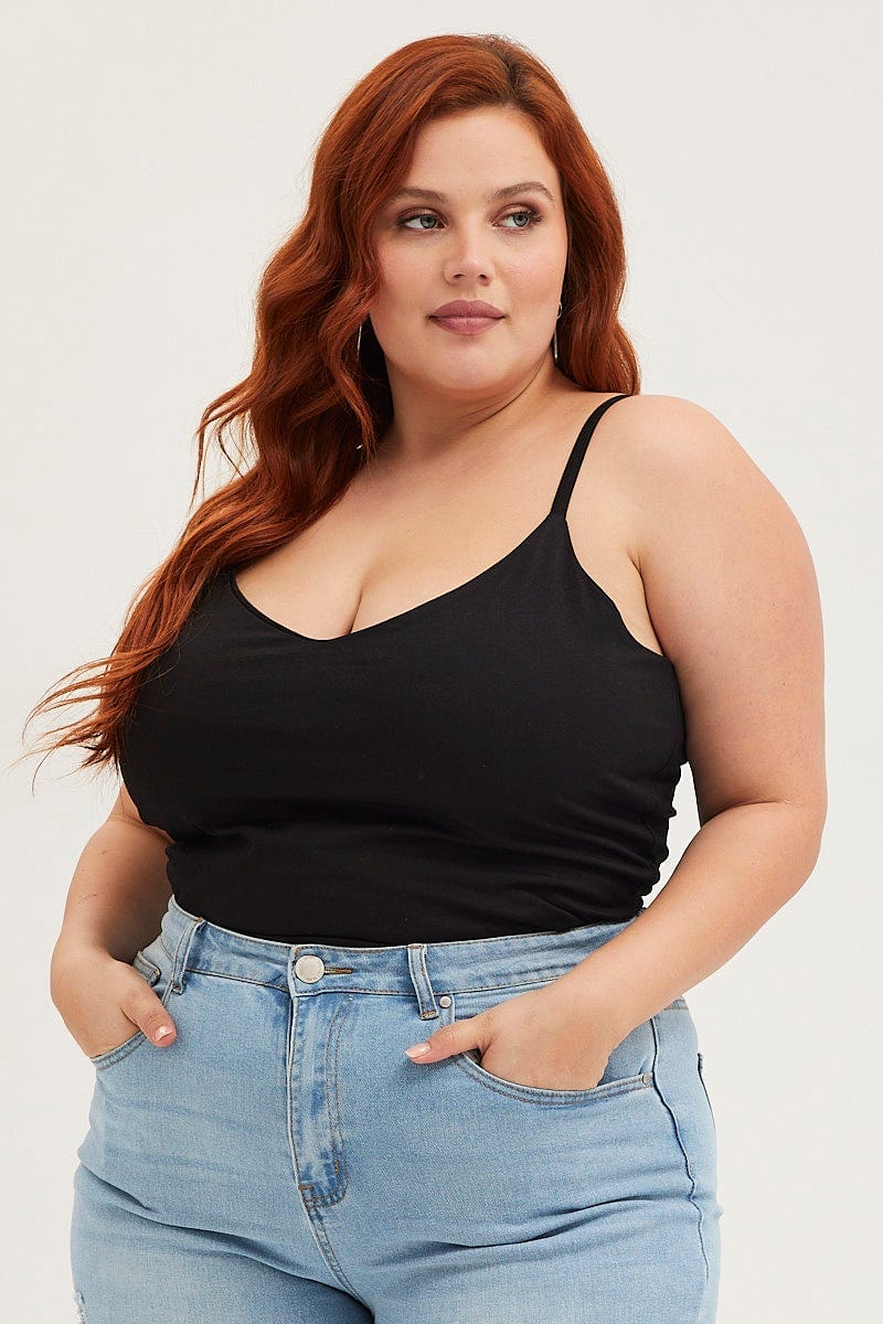 Black Singlet Top V-neck Cotton